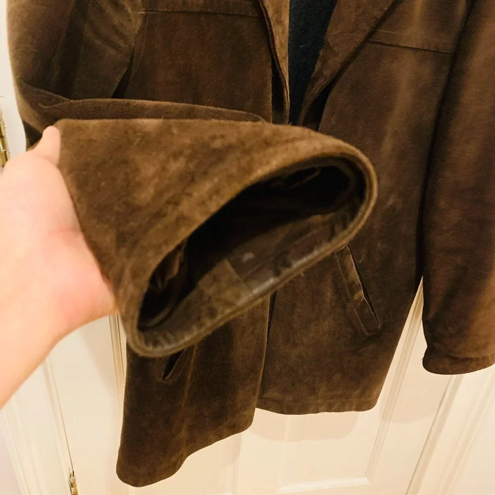 J CREW Suede Leather Jacket Lined Coat Button Down Wool Lining Brown Vintage 90s